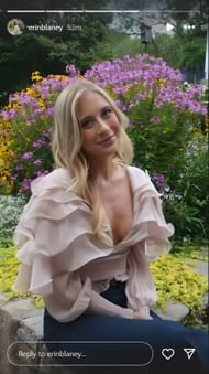 Erin Blaney's story on Instagram posing in a pink and blue outfit. Via: Instagram, @erinblaney